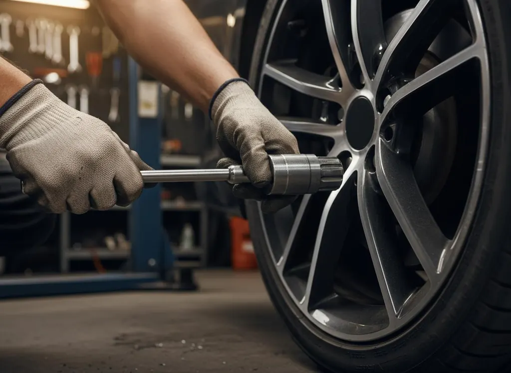 Locking wheel nut being removed from an alloy wheel with an extraction socket