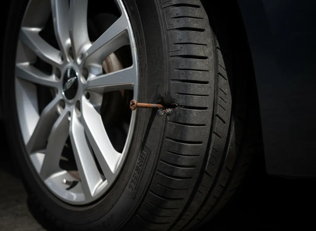 Puncture repair being carried out on a car tyre at the roadside in Oxfordshire